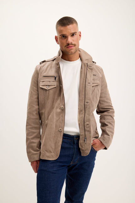 Men's Lambskin Suede Stand Collar Field Jacket - Beige | Ron Tomson