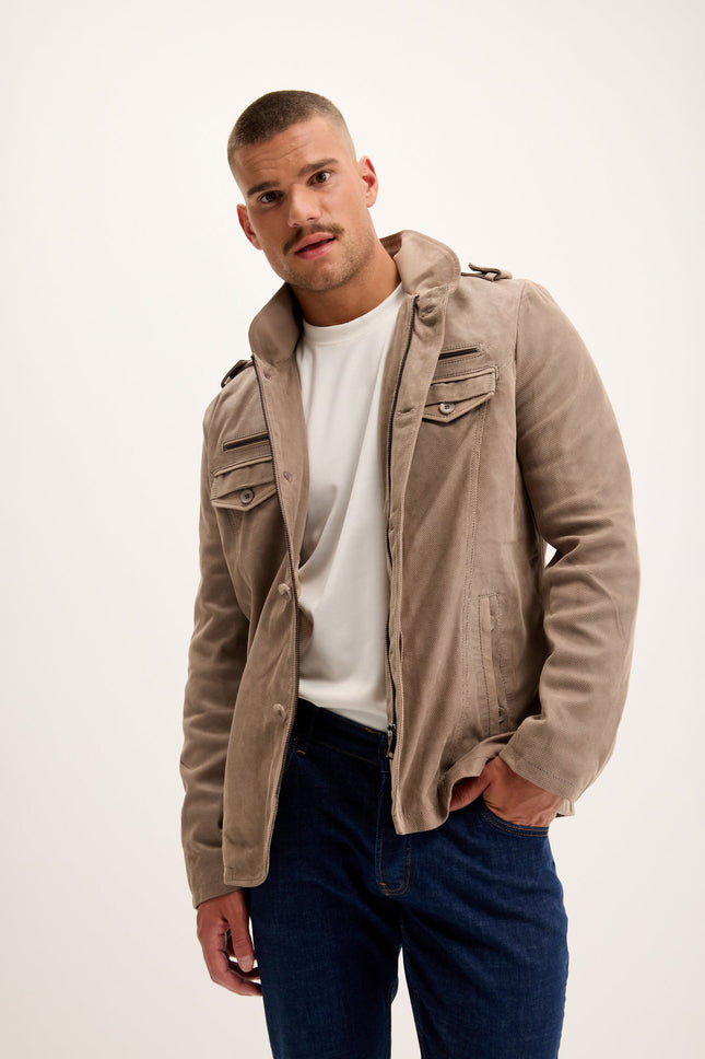 Men's Lambskin Suede Stand Collar Field Jacket - Beige | Ron Tomson