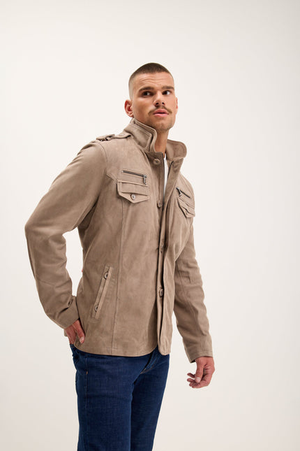 Men's Lambskin Suede Stand Collar Field Jacket - Beige | Ron Tomson