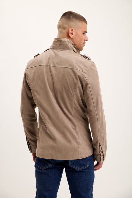 Men's Lambskin Suede Stand Collar Field Jacket - Beige | Ron Tomson