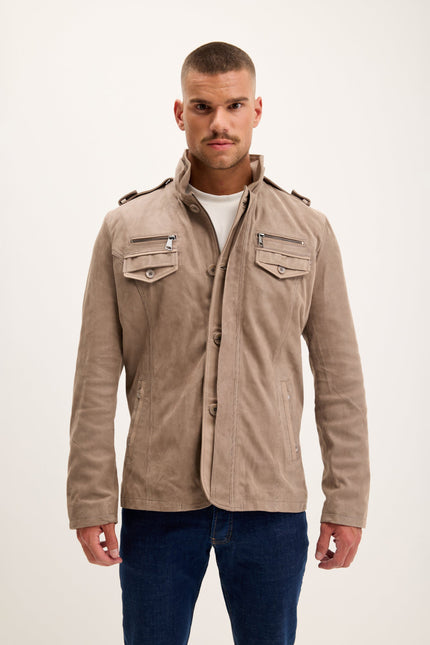 Men's Lambskin Suede Stand Collar Field Jacket - Beige | Ron Tomson
