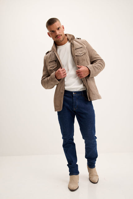 Men's Lambskin Suede Stand Collar Field Jacket - Beige | Ron Tomson