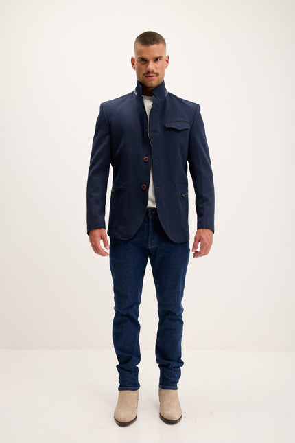 Men's Mandarin Collar Denim Blazer - Navy | Ron Tomson