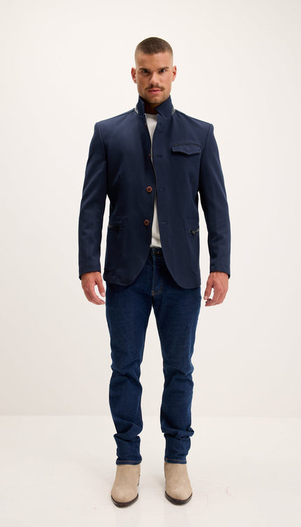 Mandarin Collar Denim Blazer - Navy