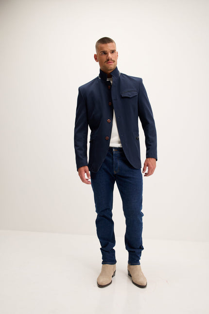 Men's Mandarin Collar Denim Blazer - Navy | Ron Tomson