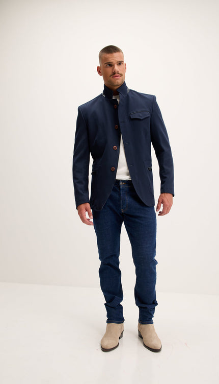 Mandarin Collar Denim Blazer - Navy