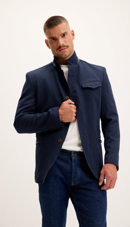Mandarin Collar Denim Blazer - Navy