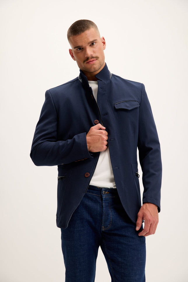 Mandarin Collar Denim Blazer - Navy
