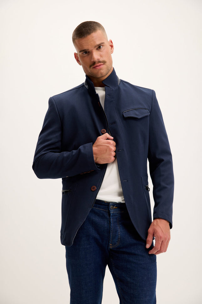 Men's Mandarin Collar Denim Blazer - Navy | Ron Tomson