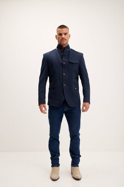 Men's Mandarin Collar Denim Blazer - Navy | Ron Tomson