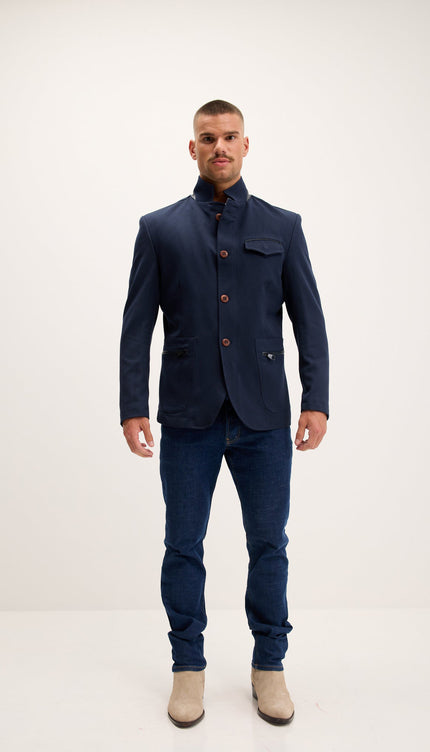 Mandarin Collar Denim Blazer - Navy
