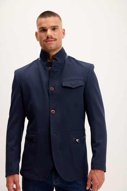 Men's Mandarin Collar Denim Blazer - Navy | Ron Tomson