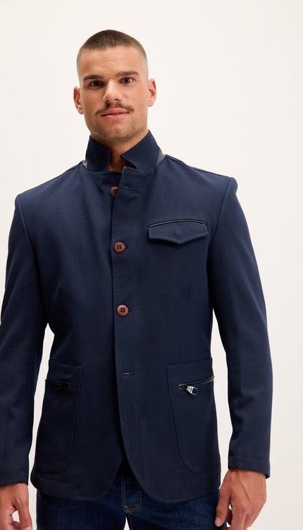 Mandarin Collar Denim Blazer - Navy