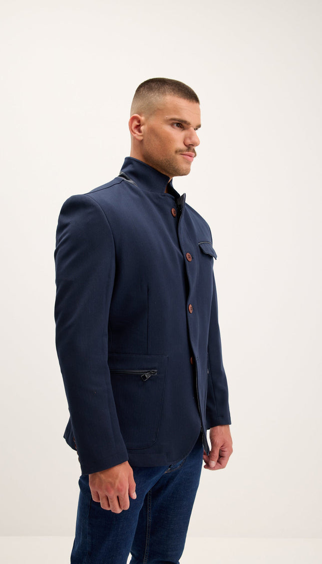 Mandarin Collar Denim Blazer - Navy