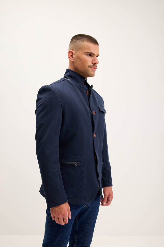Mandarin Collar Denim Blazer - Navy
