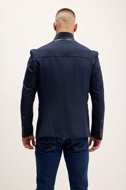 Men's Mandarin Collar Denim Blazer - Navy | Ron Tomson