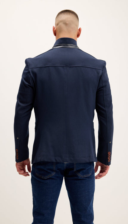 Mandarin Collar Denim Blazer - Navy