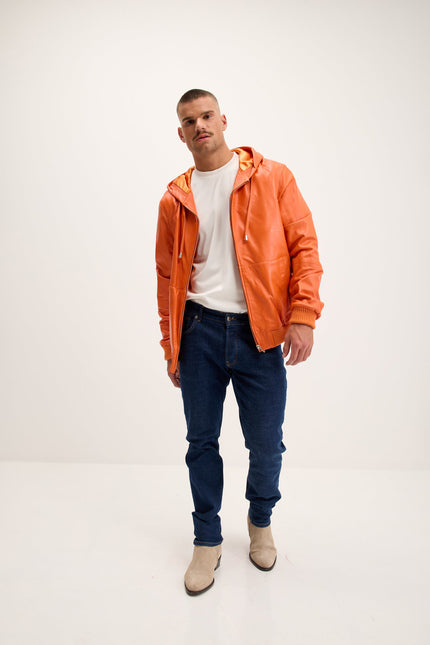Men's Nappa Lambskin Hooded Bomber Jacket - Orange | Ron Tomson