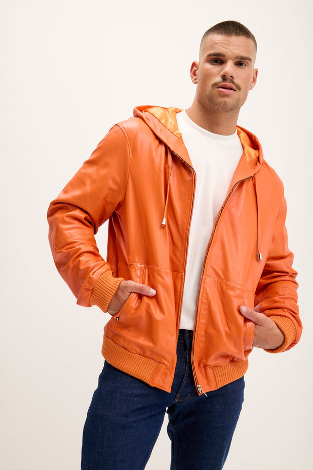 Men's Nappa Lambskin Hooded Bomber Jacket - Orange | Ron Tomson