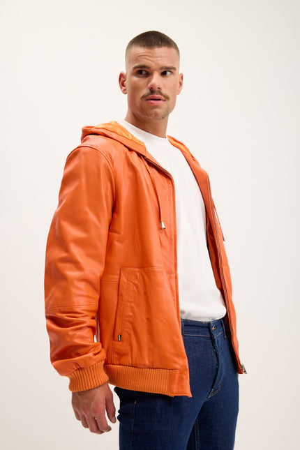 Men's Nappa Lambskin Hooded Bomber Jacket - Orange | Ron Tomson
