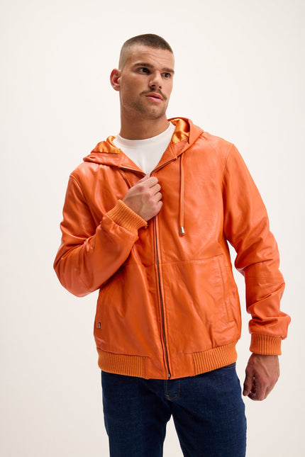 Men's Nappa Lambskin Hooded Bomber Jacket - Orange | Ron Tomson