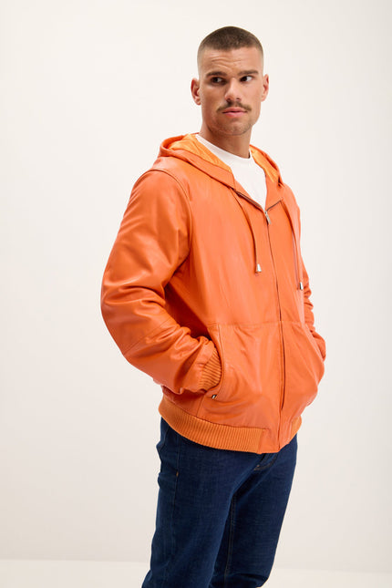 Men's Nappa Lambskin Hooded Bomber Jacket - Orange | Ron Tomson