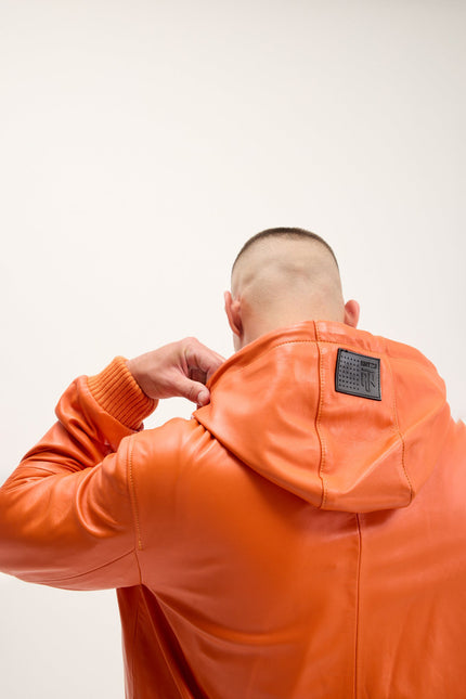 Men's Nappa Lambskin Hooded Bomber Jacket - Orange | Ron Tomson