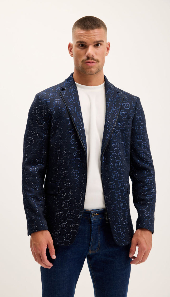 Crystal Monogram Embellished Blazer - Navy