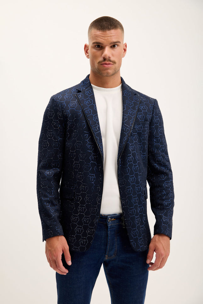 Men's Crystal Monogram Embellished Blazer - Navy | Ron Tomson