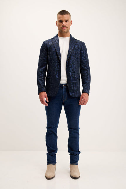 Men's Crystal Monogram Embellished Blazer - Navy | Ron Tomson