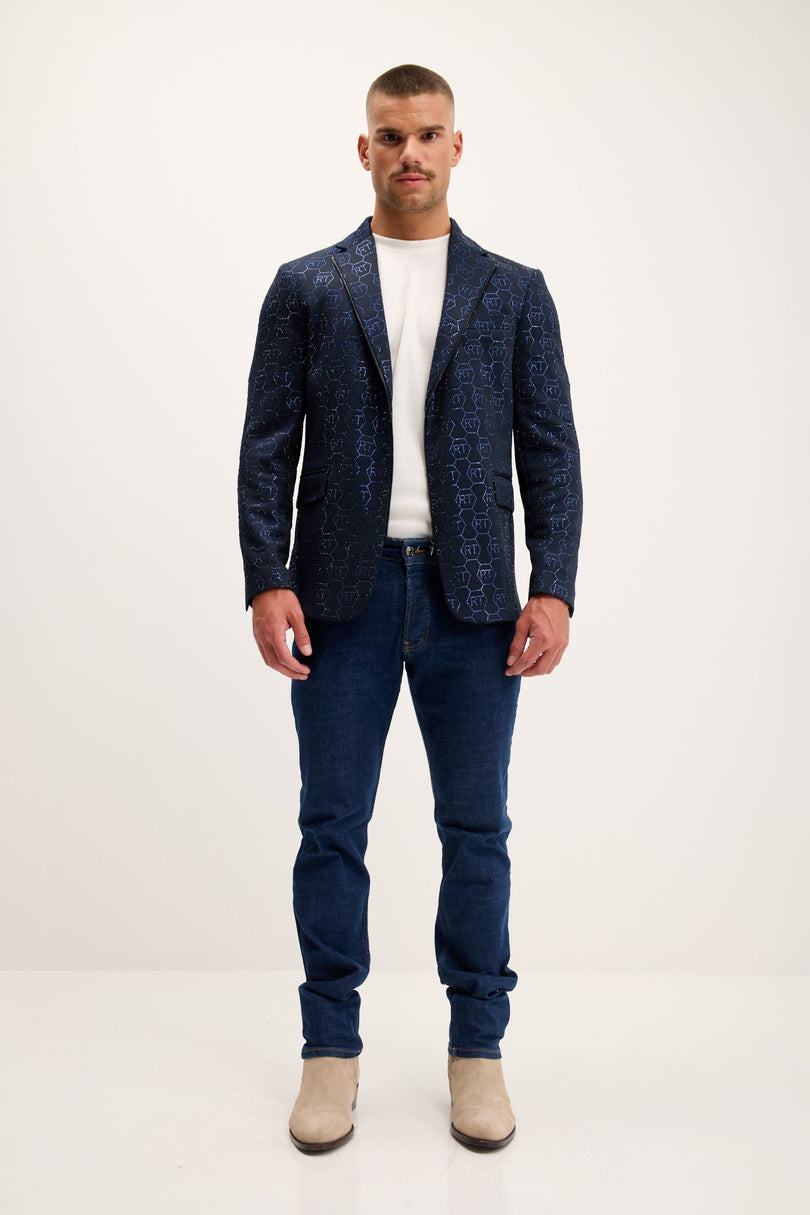Men's Crystal Monogram Embellished Blazer - Navy | Ron Tomson
