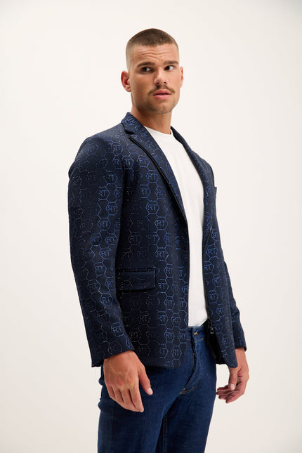Men's Crystal Monogram Embellished Blazer - Navy | Ron Tomson