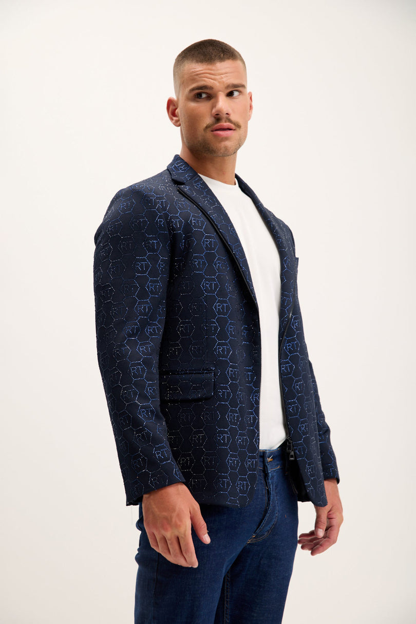 Men's Crystal Monogram Embellished Blazer - Navy | Ron Tomson