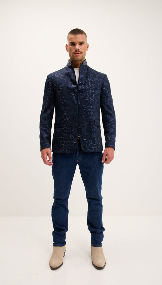 Crystal Monogram Embellished Blazer - Navy