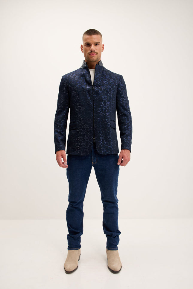 Men's Crystal Monogram Embellished Blazer - Navy | Ron Tomson