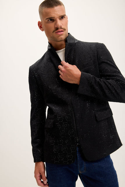Men's Crystal Logo Embellished Blazer - Black | Ron Tomson