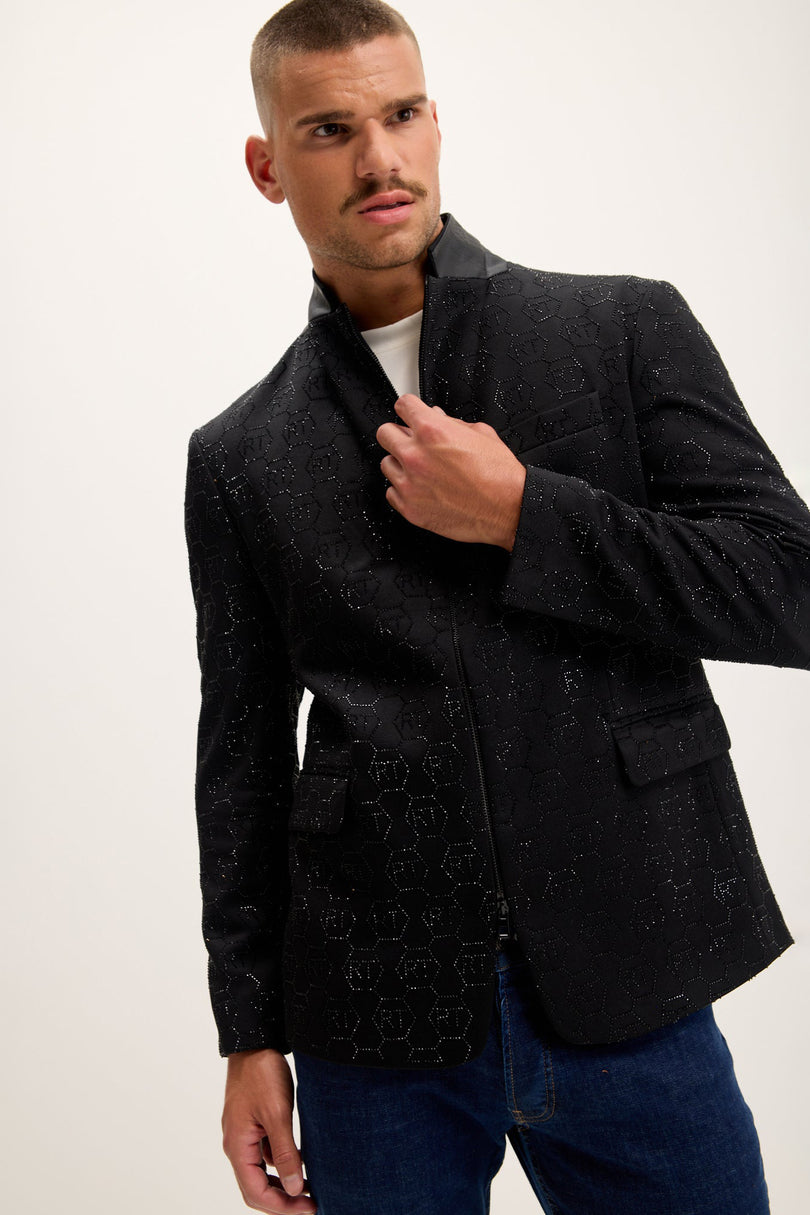 Men's Crystal Logo Embellished Blazer - Black | Ron Tomson