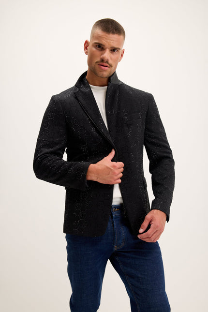 Men's Crystal Logo Embellished Blazer - Black | Ron Tomson