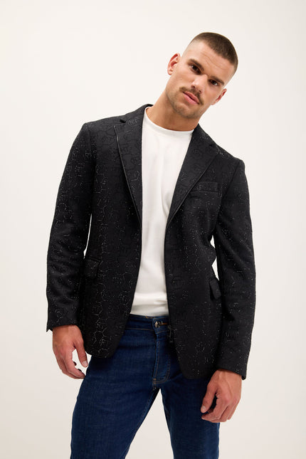 Men's Crystal Logo Embellished Blazer - Black | Ron Tomson