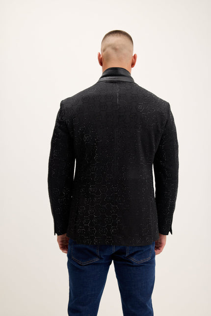 Men's Crystal Logo Embellished Blazer - Black | Ron Tomson