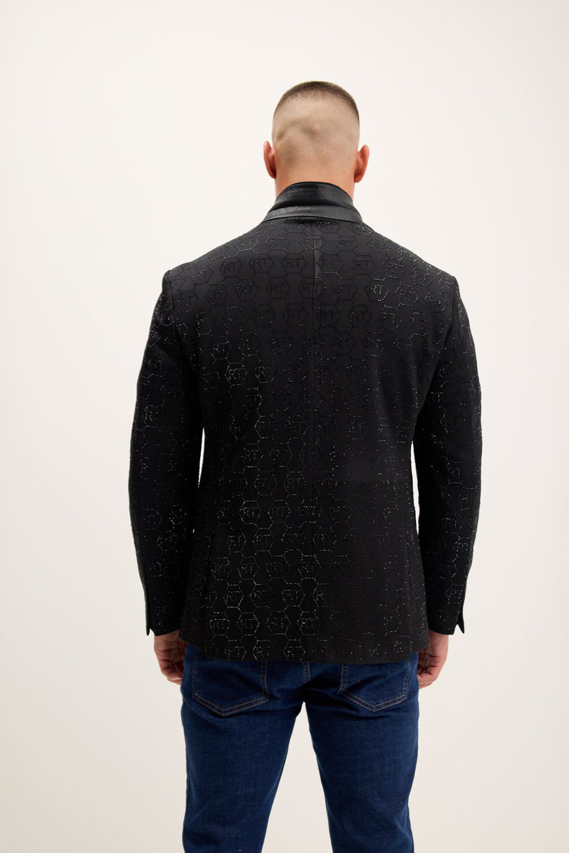 Men's Crystal Logo Embellished Blazer - Black | Ron Tomson