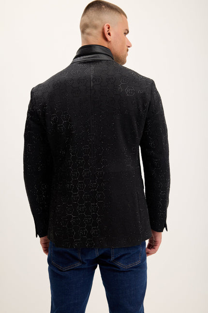 Men's Crystal Logo Embellished Blazer - Black | Ron Tomson