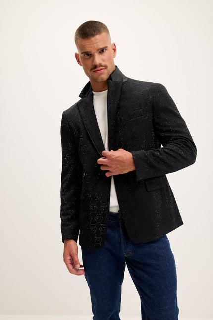 Men's Crystal Logo Embellished Blazer - Black | Ron Tomson