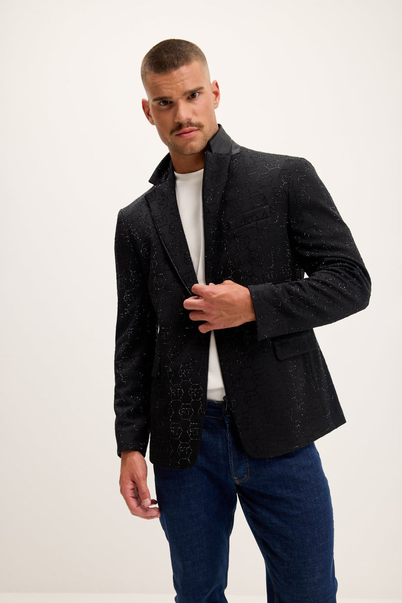 Men's Crystal Logo Embellished Blazer - Black | Ron Tomson