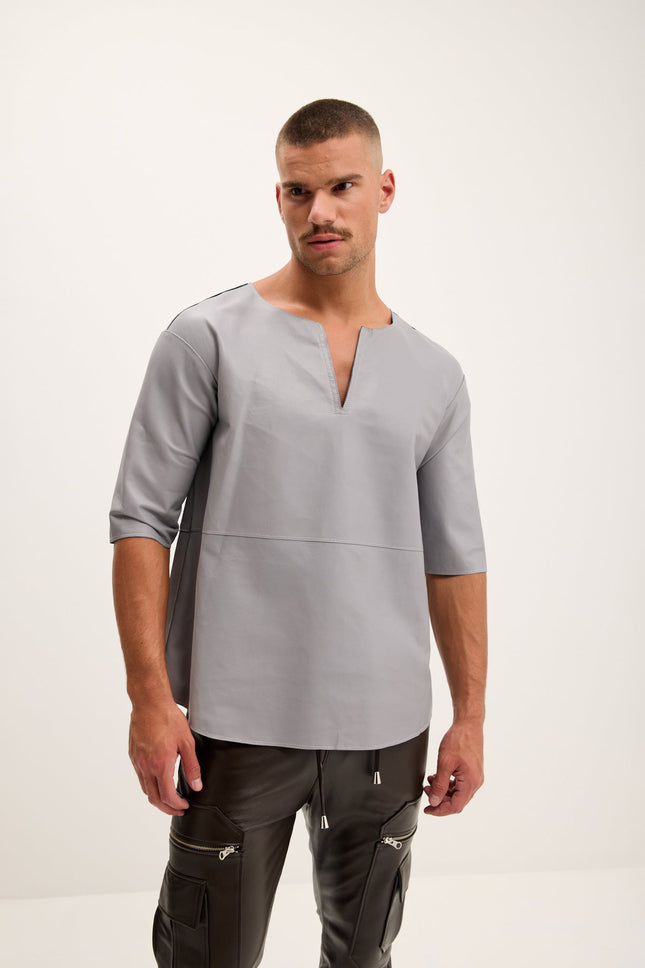 Men's Nappa Lambskin V-Neck Shirt - Grey | Ron Tomson