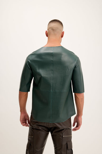 Men's Lambskin Leather V-Neck Shirt - Green | Ron Tomson