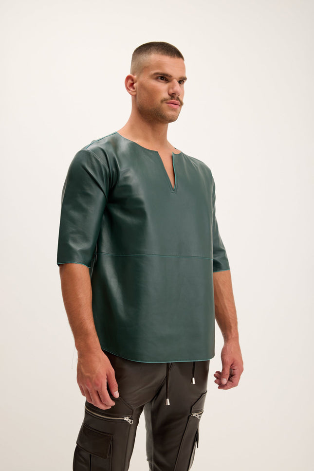 Men's Lambskin Leather V-Neck Shirt - Green | Ron Tomson