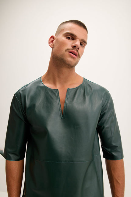 Men's Lambskin Leather V-Neck Shirt - Green | Ron Tomson
