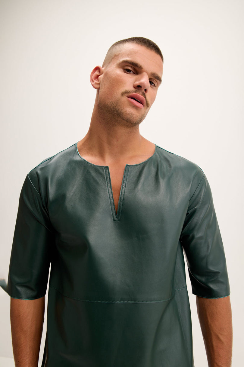Men's Lambskin Leather V-Neck Shirt - Green | Ron Tomson