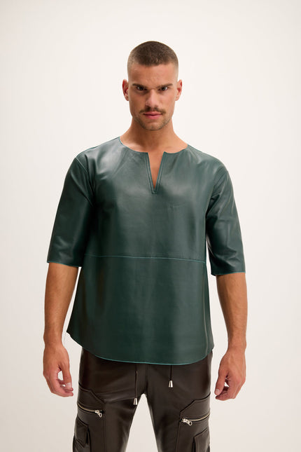 Men's Lambskin Leather V-Neck Shirt - Green | Ron Tomson